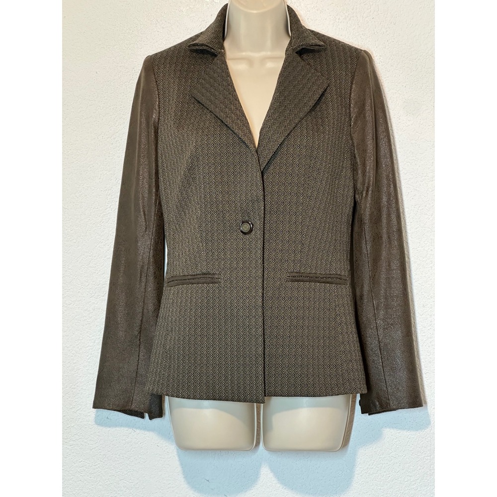 SW3 Bespoke Womens Brown Diamond Pattern Faux Leather Sleeve Blazer S
